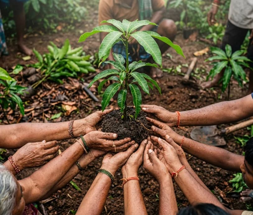 Community members planting a native sapling together