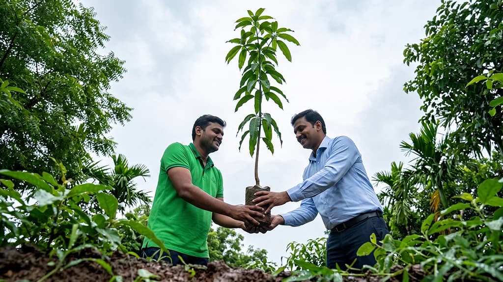 Volunteers planting a native sapling together